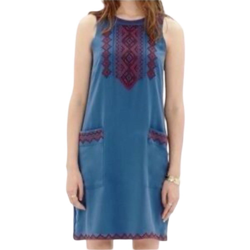 Madewell Blue silk embroidered dress Medium